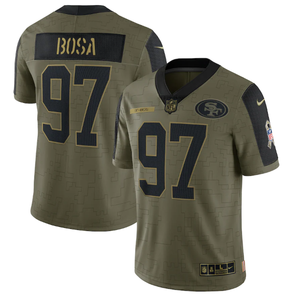 Men's San Francisco 49ers #97 Nick Bosa 2021 Olive Camo Salute To Service Limited Stitched Jersey